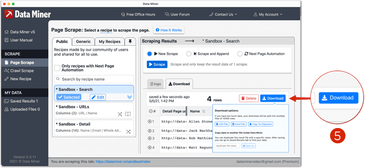 Data Miner Download Tab