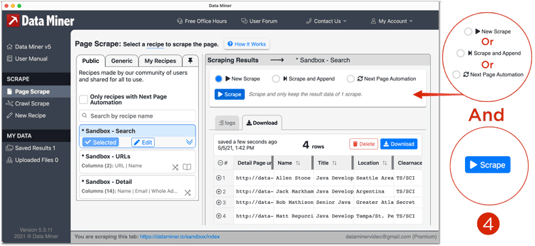 Data Miner Scrape Tab